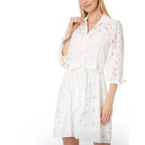 Lilly Pulitzer Shirt Dress Amrita 3/4 Sleeve White Floral Sheer Belted Women’s 0